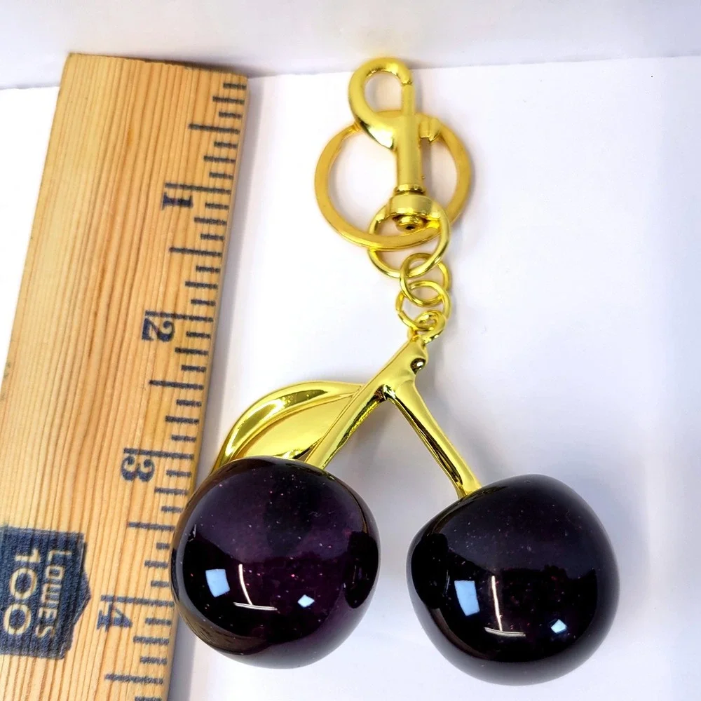 Cherry Bag Charm Glitter Resin Gold Hardware Dark Purple Womens Goth Whimsical